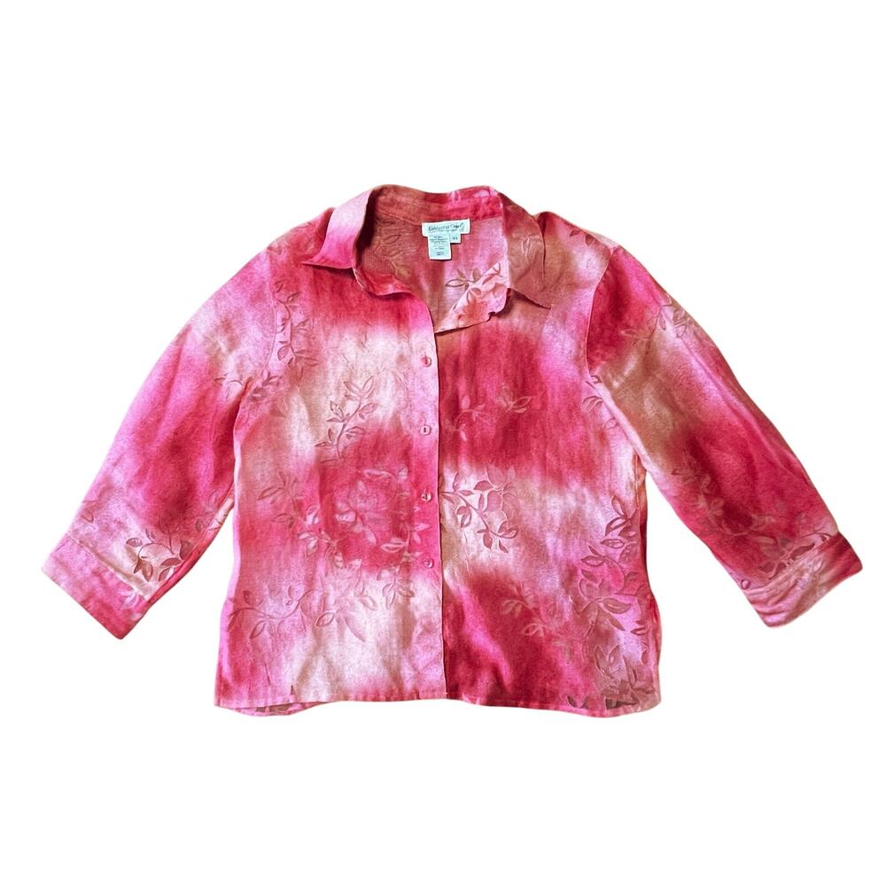Coldwater Creek Pink Coral Floral Devore Burnout Linen Blend Button Blouse | XS